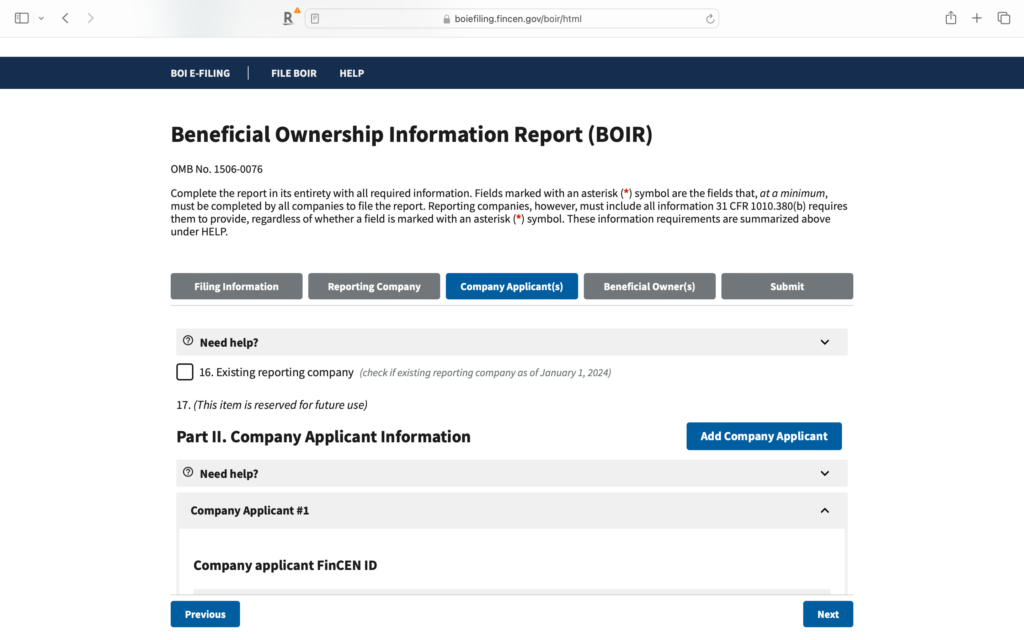 Company Applicants section